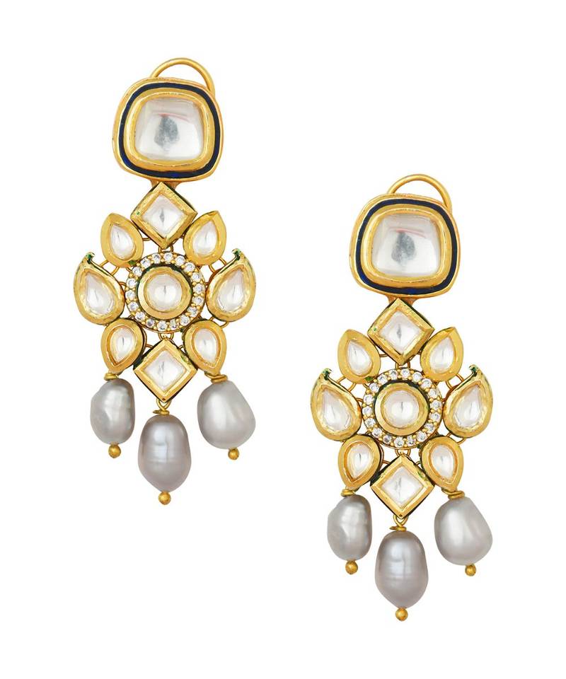 Enigmatic Kundan Polki Gold Enamelled Earrings In Stunning Baroque Pearls And Dazzling Quartz