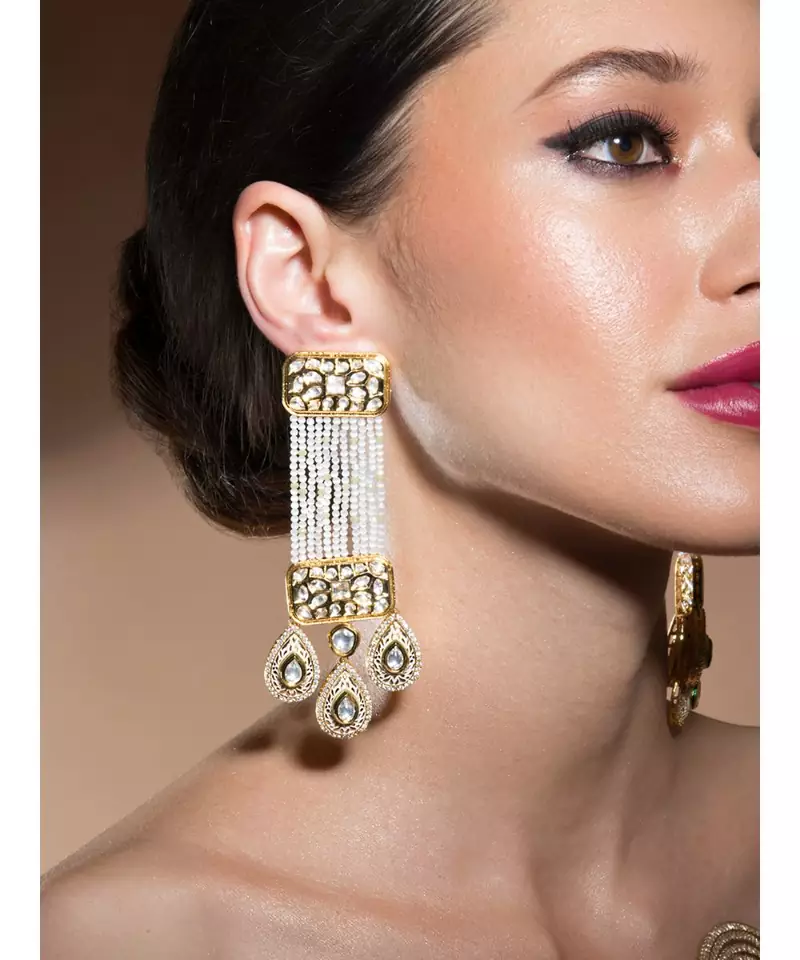 Exquisite Kundan Polki Earrings In Gold Enamelling Paired With Quartz And Baroque Pearls