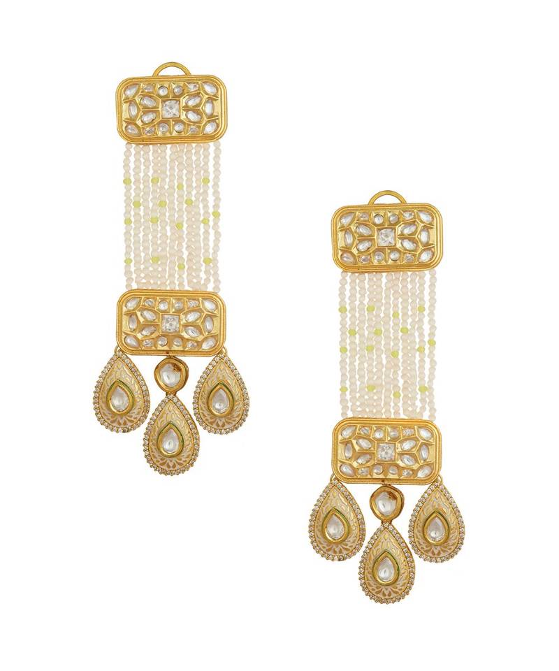 Exquisite Kundan Polki Earrings In Gold Enamelling Paired With Quartz And Baroque Pearls