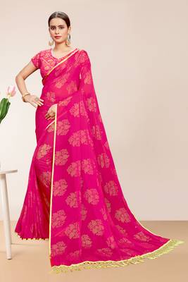 Divaastha Pink Georgette Chiffon Blend Floral Saree with Blouse Piece ( CCSDOLLYFLOWERPINK. ) 1