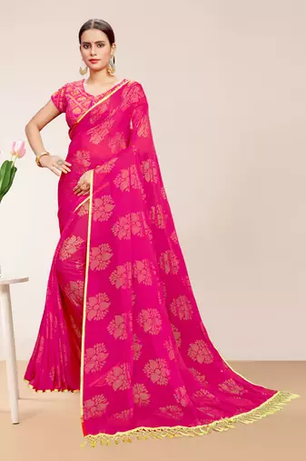 Divaastha Pink Georgette Chiffon Blend Floral Saree with Blouse Piece ( CCSDOLLYFLOWERPINK. )