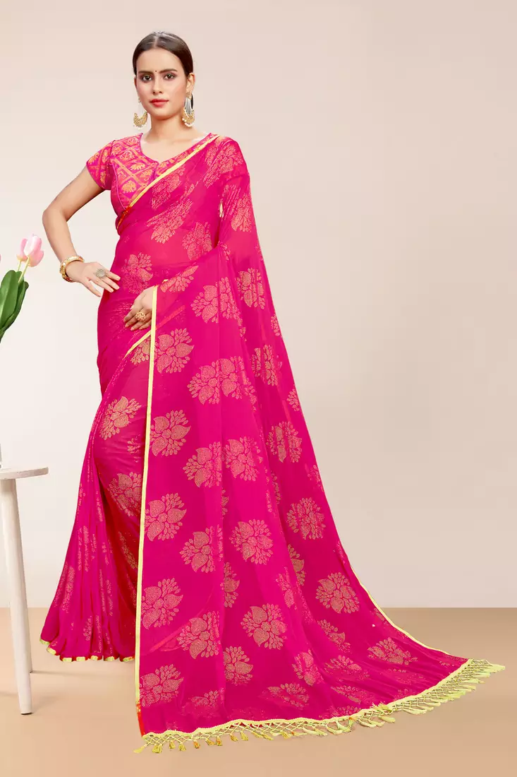 Divaastha Pink Georgette Chiffon Blend Floral Saree with Blouse Piece ( CCSDOLLYFLOWERPINK. )