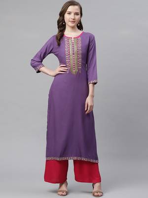 Women's Purple Rayon Embroidered Straight Kurta 1