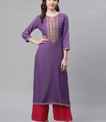Women's Purple Rayon Embroidered Straight Kurta