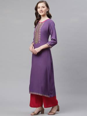 Women's Purple Rayon Embroidered Straight Kurta 2