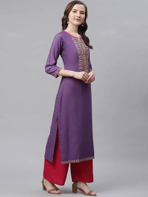 Women's Purple Rayon Embroidered Straight Kurta 3