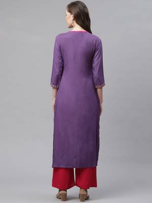Women's Purple Rayon Embroidered Straight Kurta 4