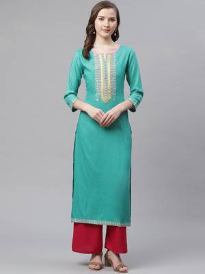 Women's Sea Green Rayon Embroidered Straight Kurta 1