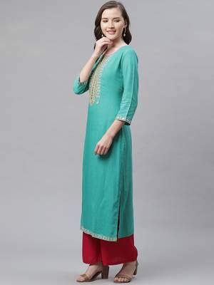 Women's Sea Green Rayon Embroidered Straight Kurta 2