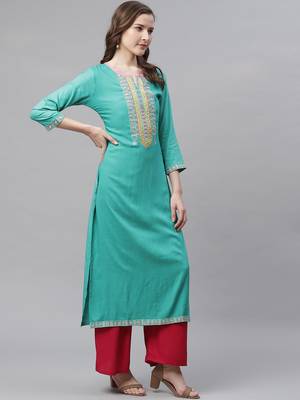 Women's Sea Green Rayon Embroidered Straight Kurta 3