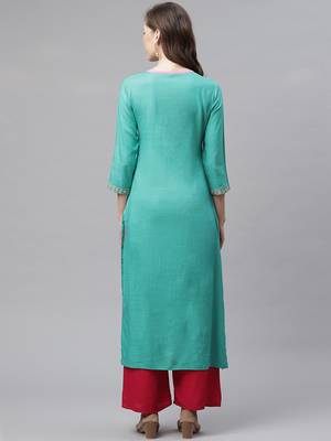 Women's Sea Green Rayon Embroidered Straight Kurta 4