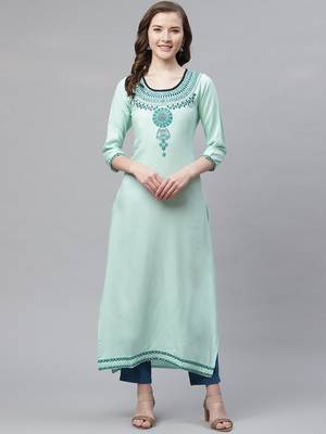 Women's Sea Green Rayon Embroidered Straight Kurta 1