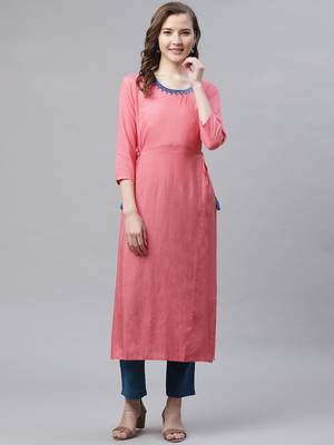 Women's Peach Rayon Embroidered Straight Kurta 1