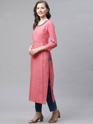 Women's Peach Rayon Embroidered Straight Kurta 2