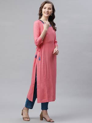 Women's Peach Rayon Embroidered Straight Kurta 3