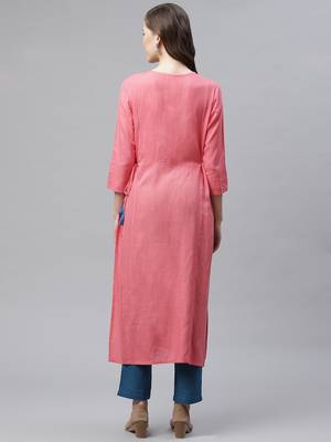Women's Peach Rayon Embroidered Straight Kurta 4