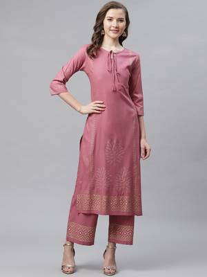 Women's Mauve Purple  Rayon Hand Block Foil Printed Straight Kurta Palazzo Set 1