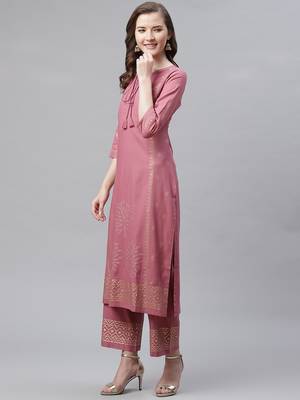 Women's Mauve Purple  Rayon Hand Block Foil Printed Straight Kurta Palazzo Set 2