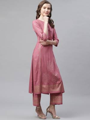 Women's Mauve Purple  Rayon Hand Block Foil Printed Straight Kurta Palazzo Set 3