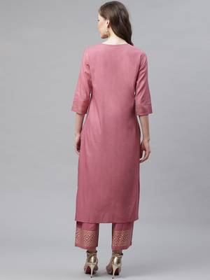 Women's Mauve Purple  Rayon Hand Block Foil Printed Straight Kurta Palazzo Set 4