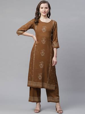 Women's Brown  Rayon Hand Block Foil Printed Straight Kurta Palazzo Set 1
