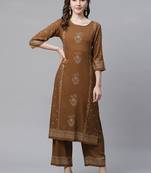 Women's Brown  Rayon Hand Block Foil Printed Straight Kurta Palazzo Set