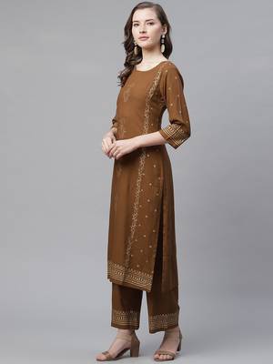 Women's Brown  Rayon Hand Block Foil Printed Straight Kurta Palazzo Set 2