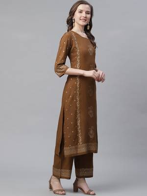 Women's Brown  Rayon Hand Block Foil Printed Straight Kurta Palazzo Set 3