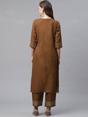 Women's Brown  Rayon Hand Block Foil Printed Straight Kurta Palazzo Set 4