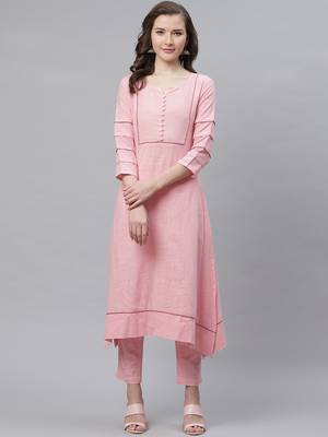 Women's Pink  Cotton Blend Solid Assymetrical Kurta Pant Set 1