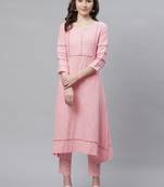 Women's Pink  Cotton Blend Solid Assymetrical Kurta Pant Set