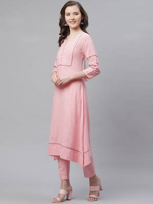 Women's Pink  Cotton Blend Solid Assymetrical Kurta Pant Set 2