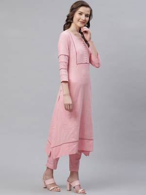 Women's Pink  Cotton Blend Solid Assymetrical Kurta Pant Set 3