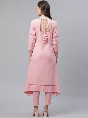 Women's Pink  Cotton Blend Solid Assymetrical Kurta Pant Set 4