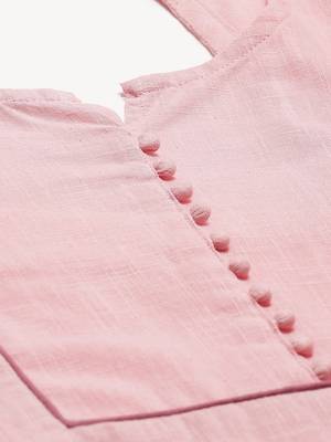 Women's Pink  Cotton Blend Solid Assymetrical Kurta Pant Set 5