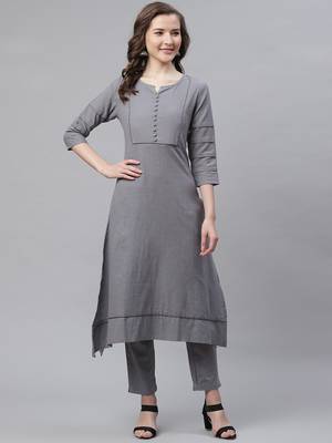 Women's Grey  Cotton Blend Solid Assymetrical Kurta Pant Set 1