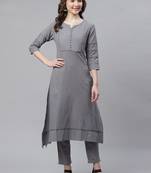 Women's Grey  Cotton Blend Solid Assymetrical Kurta Pant Set