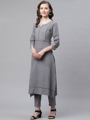 Women's Grey  Cotton Blend Solid Assymetrical Kurta Pant Set 2