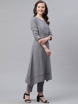 Women's Grey  Cotton Blend Solid Assymetrical Kurta Pant Set 3