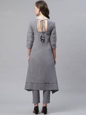 Women's Grey  Cotton Blend Solid Assymetrical Kurta Pant Set 4