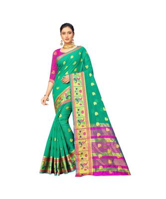green Lichi Silk Banarasi Jacquard Designer Saree For Women 1