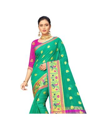 green Lichi Silk Banarasi Jacquard Designer Saree For Women 2
