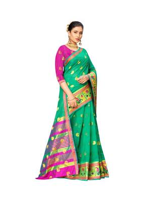 green Lichi Silk Banarasi Jacquard Designer Saree For Women 4