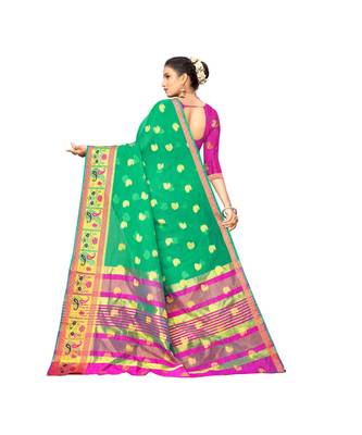 green Lichi Silk Banarasi Jacquard Designer Saree For Women 5