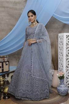 Grey embroidered net semi stitched lehenga