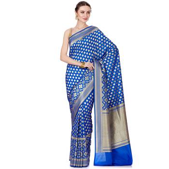 Blue woven banarasi silk saree with blouse 1