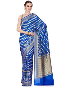 Blue woven banarasi silk saree with blouse