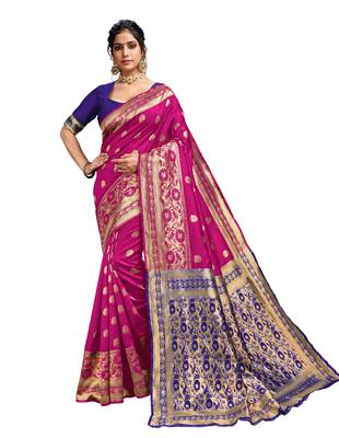 Pink woven art silk saree with blouse 1
