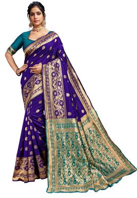 Blue woven art silk saree with blouse 1