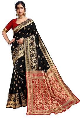 Black woven art silk saree with blouse 1
